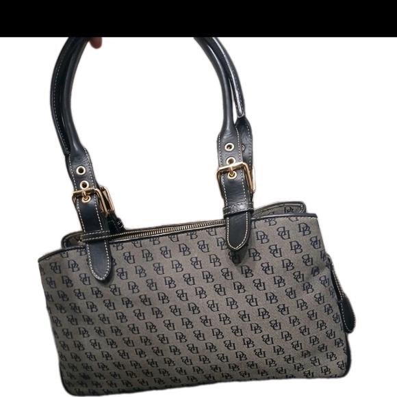 VINTAGE Dooney & Bourke Black Leather Gray Canvas Shoulder Bag Medium Size - Picture 5 of 11